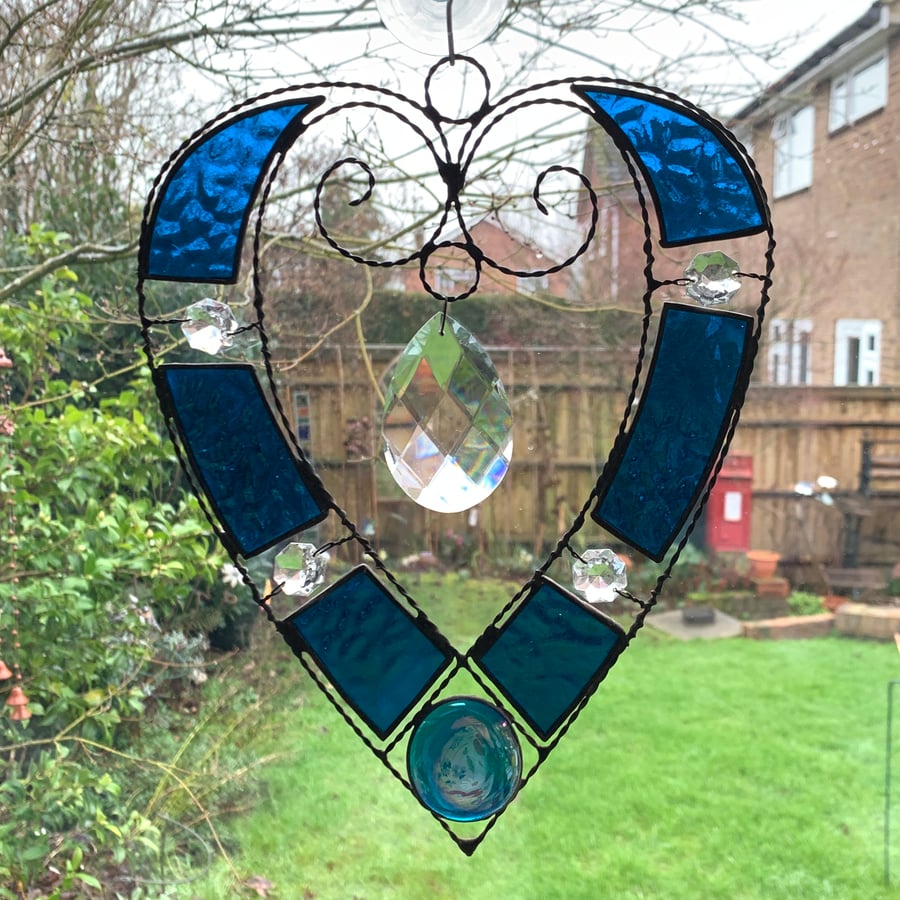 Stained Glass and Wire Heart Suncatcher - Handmade - Petrol Blue