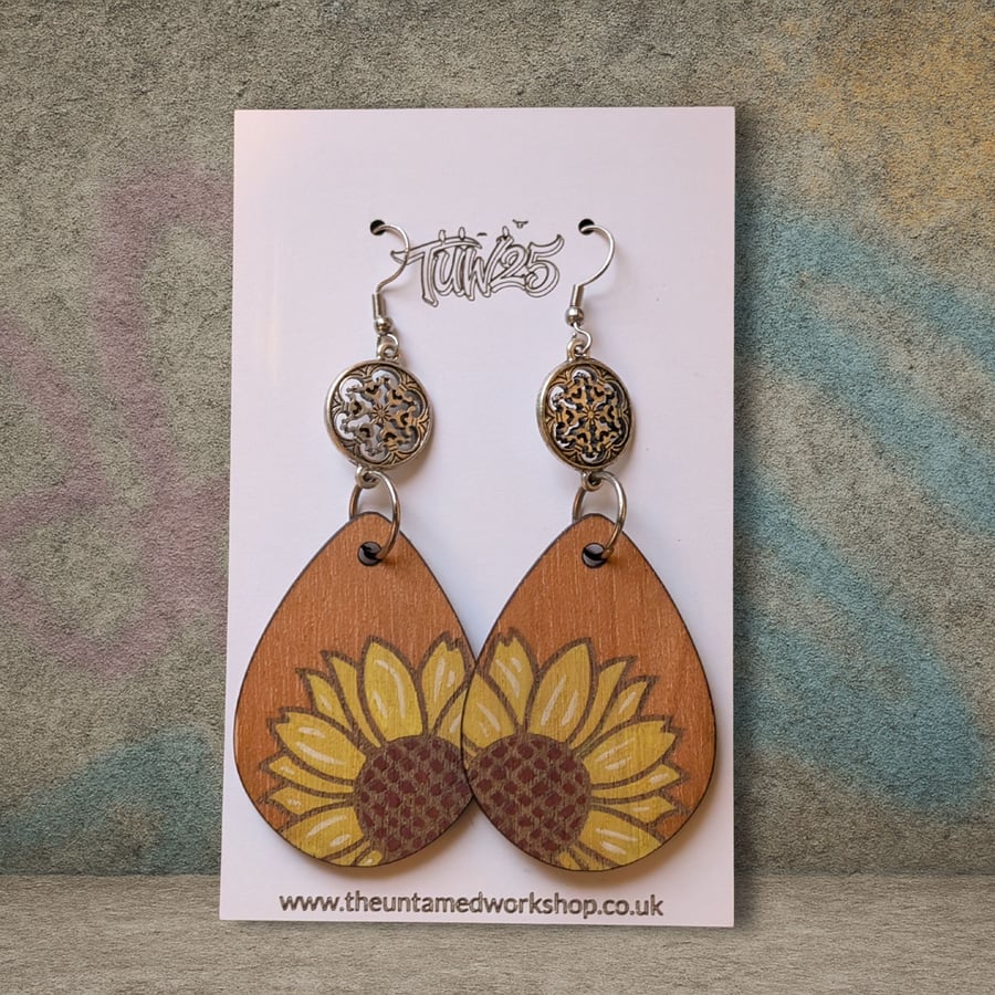 Wooden Sunflower Earrings