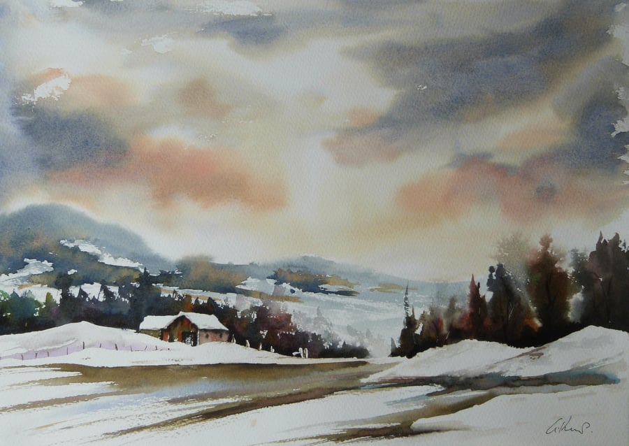 Snowy Staffordshire, Original Watercolour Painting.