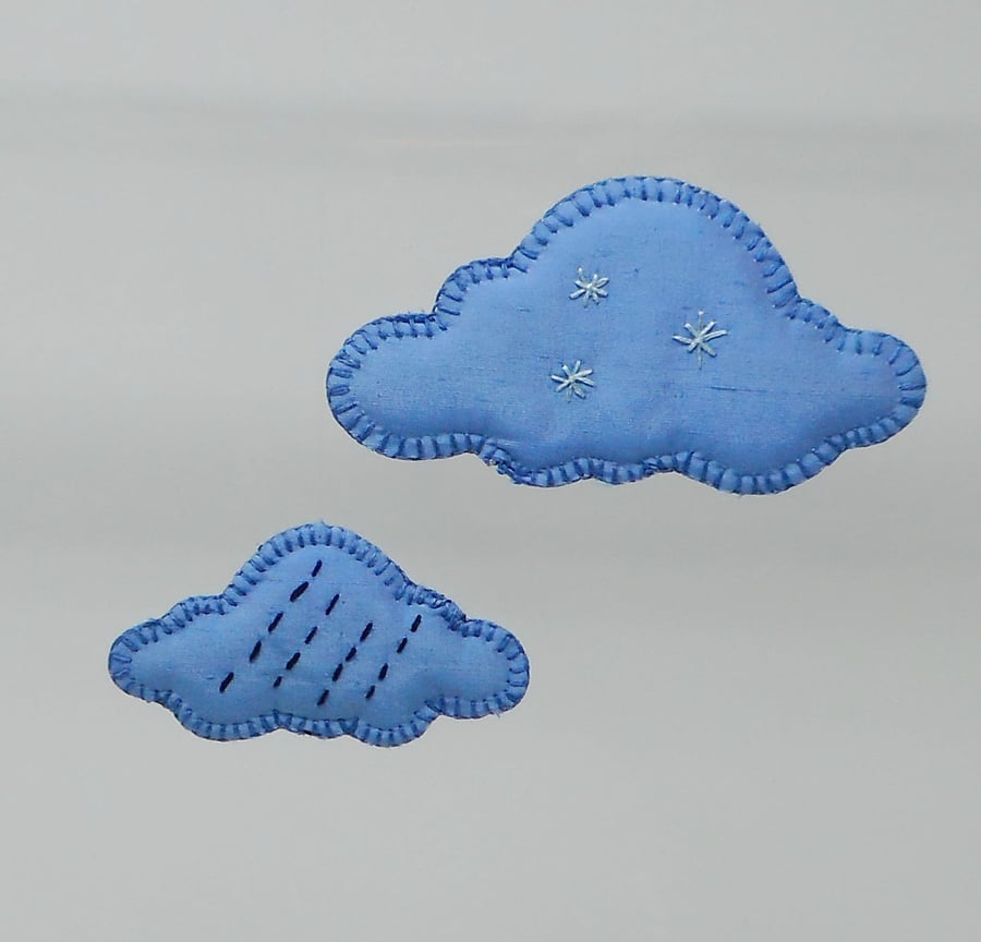 Set of 2 winter cloud hand embroidered hanging ornaments made from silk