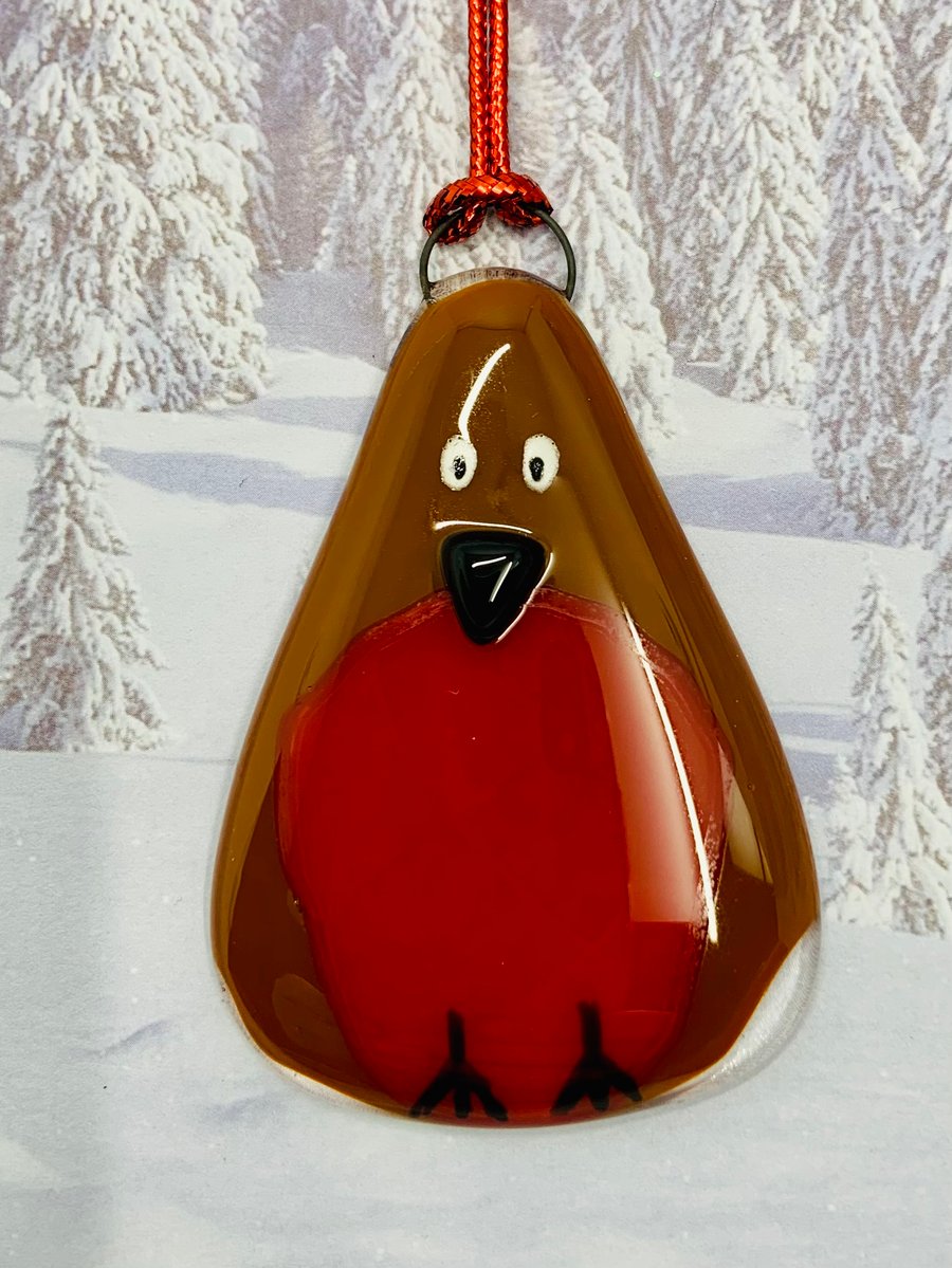 Handmade Fused Glass Robin Hanging Christmas Decoration 