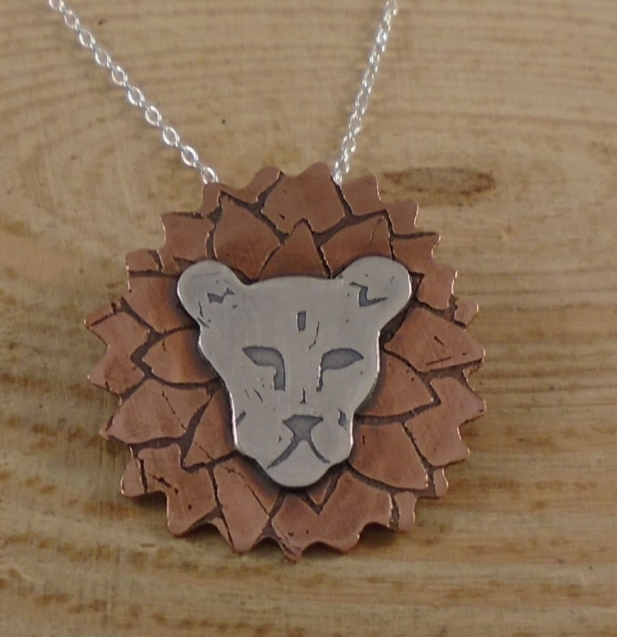 Sterling Silver and Copper Mandala Lion Necklace