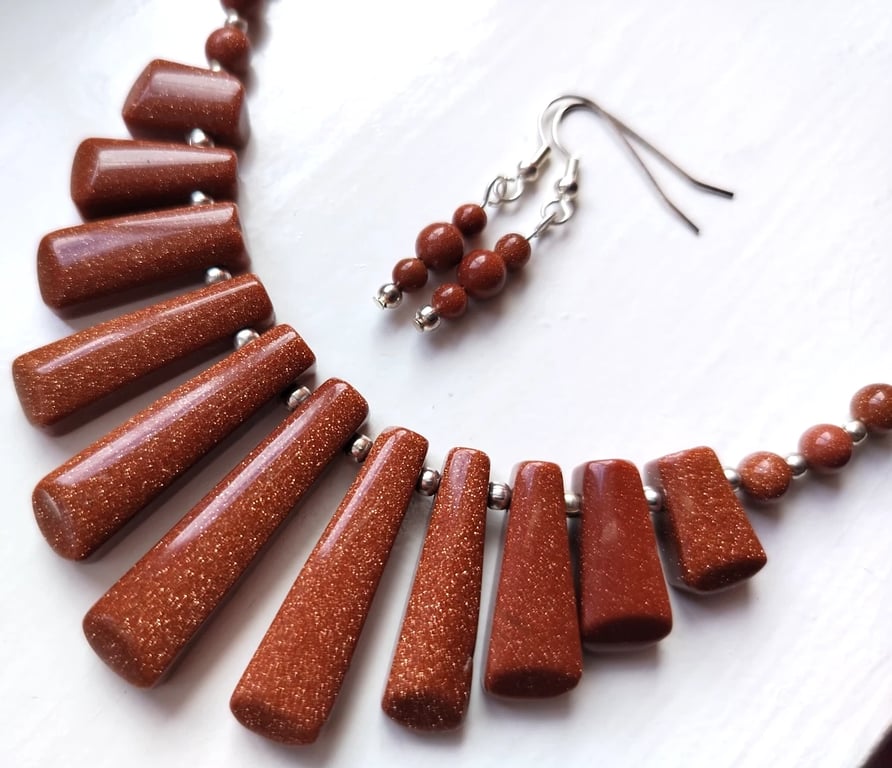 Brown Goldstone Necklace & Earring Gift Set Tapered Glittery Statement