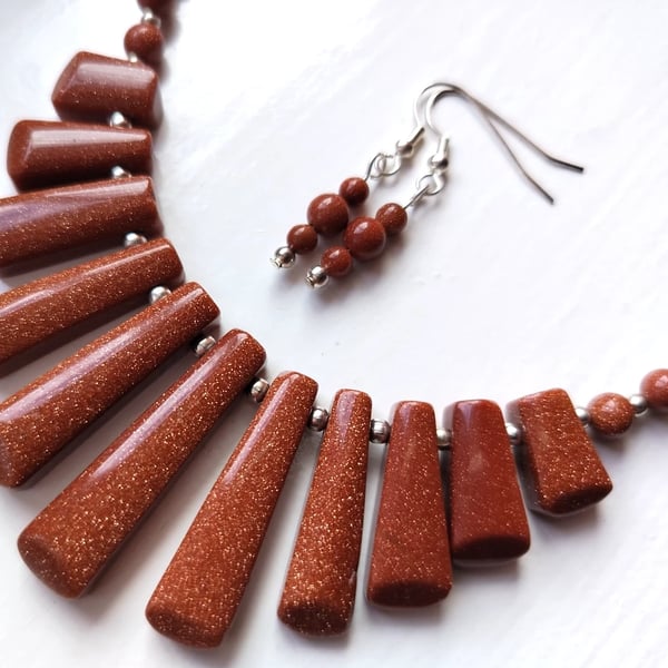 Brown Goldstone Necklace & Earring Gift Set Tapered Glittery Statement