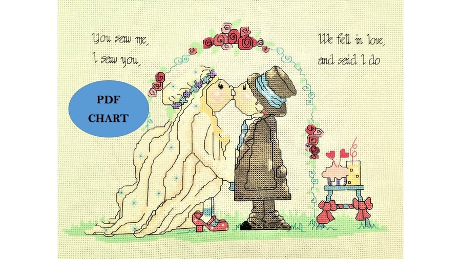 Wedding Cross Stitch Pattern: Bride & Groom Anniversary Design (PDF Chart)