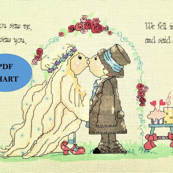 Wedding Cross Stitch Pattern: Bride & Groom Anniversary Design (PDF Chart)