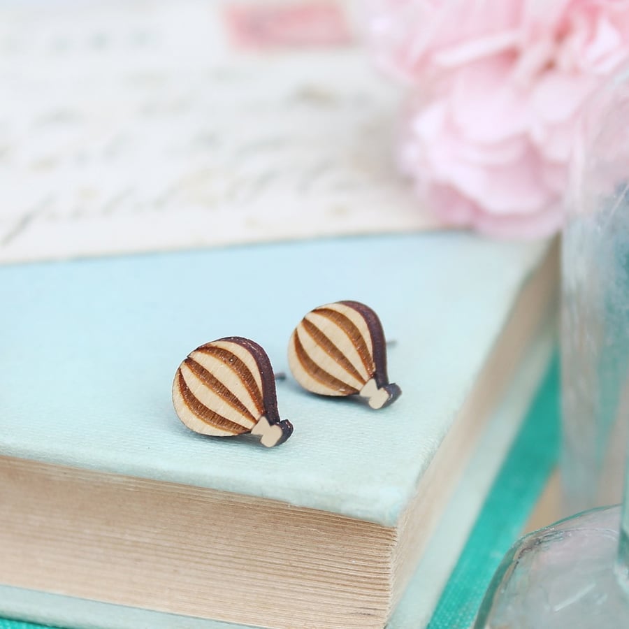 Wooden Hot Air Balloon Stud Earrings