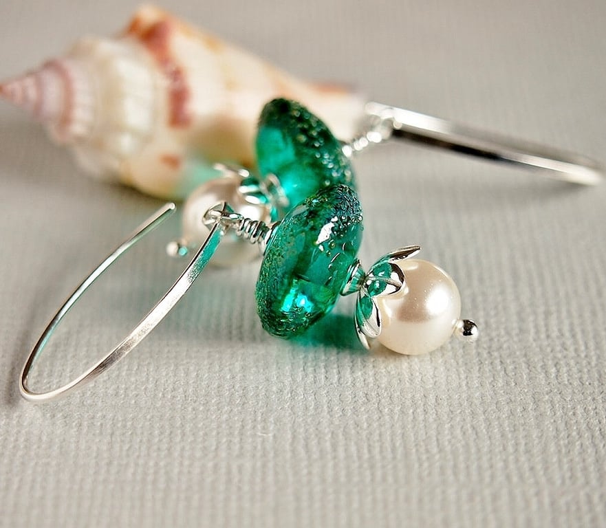 Teal Blue Green Earrings - Pearl Earrings - Swarovski - Lampwork Glass