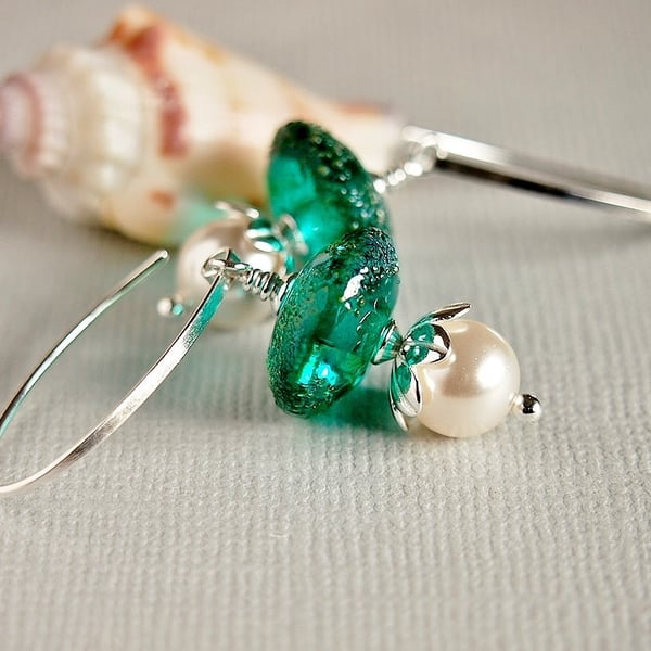 Teal Blue Green Earrings - Pearl Earrings - Swarovski - Lampwork Glass