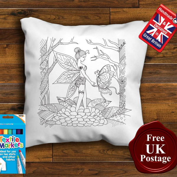 Fairy Colouring Cushion Cover, With or Without Fabric Pens Choose Your Size