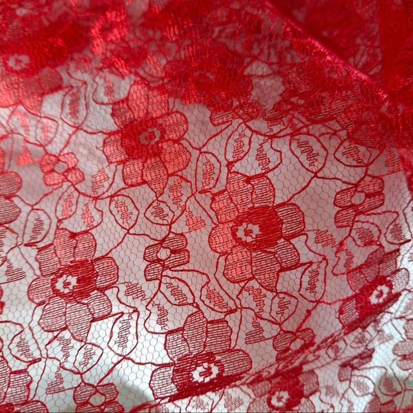 1 Metre Red Shimmer Floral Lace Fabric 115 cm Wide