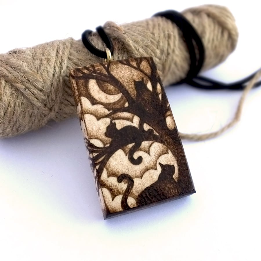 The Cat Tree, Wooden Pyrography Cat Pendant, Statment Wood Cat Necklace.