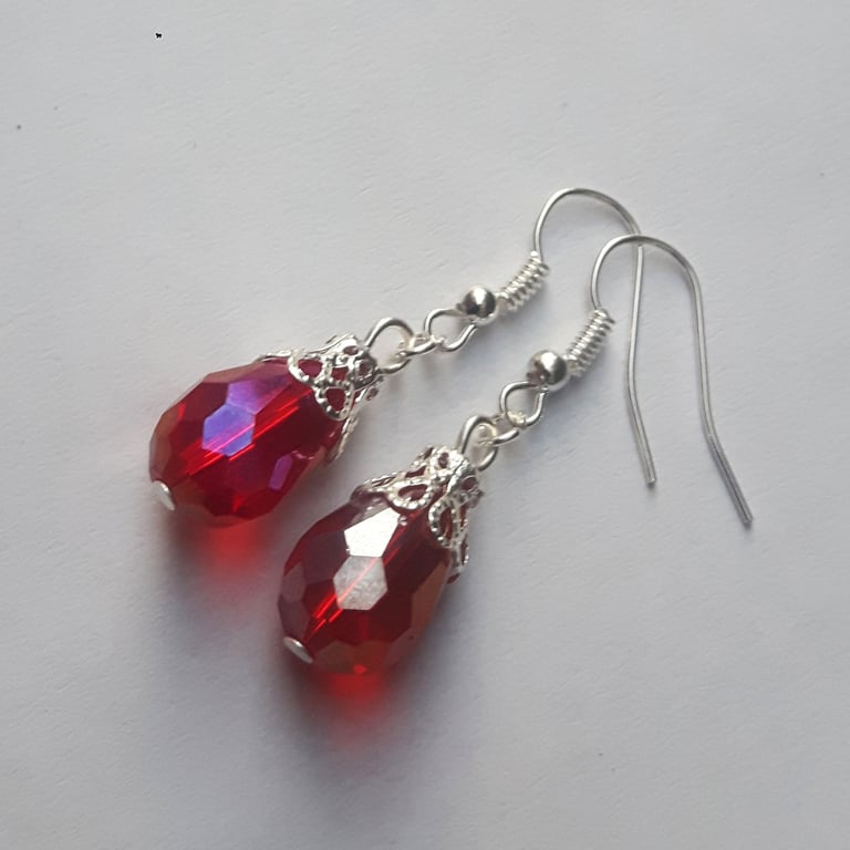 Silver Plate Red Ab Glass Crystal Teardrop Dangle Drop Earrings 