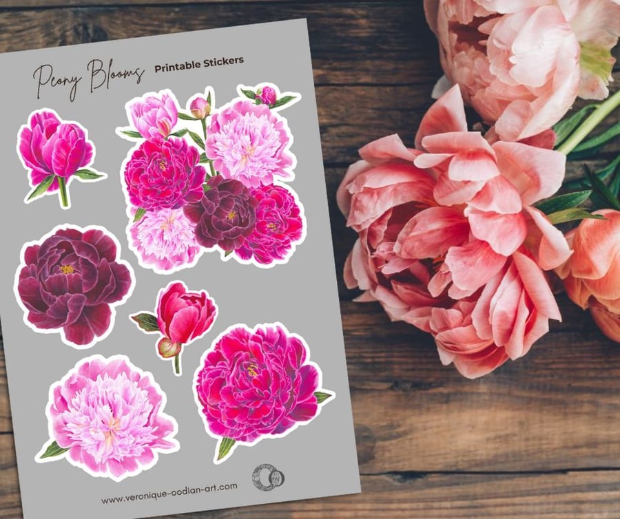 Peony Blooms Printable Sticker Sheet PDF Digital Product