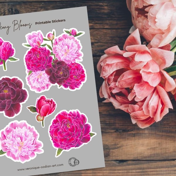 Peony Blooms Printable Sticker Sheet PDF Digital Product