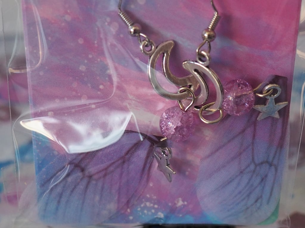 Butterfly Wing Dangle Earrings Lilac Wings with Moon and Star Charms