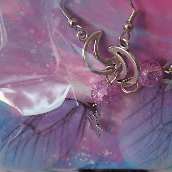 Butterfly Wing Dangle Earrings Lilac Wings with Moon and Star Charms