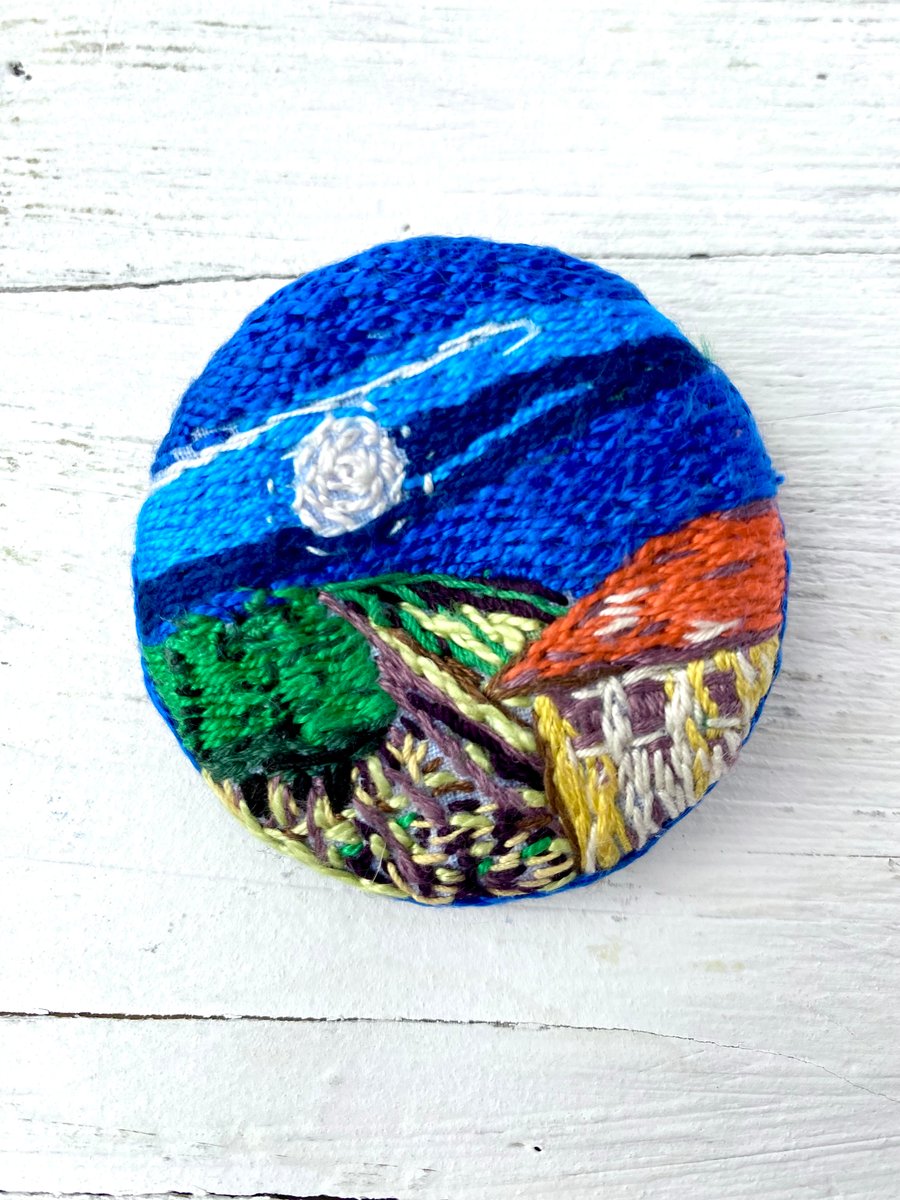 Country Moon-hand embroidered brooch pin of a moonlit landscape 