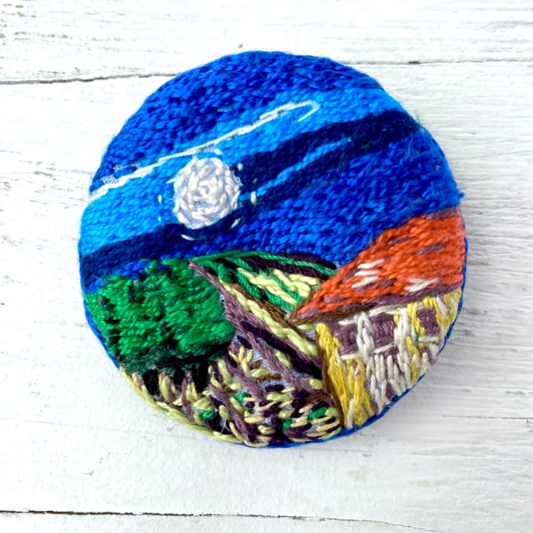 Country Moon-hand embroidered brooch pin of a moonlit landscape 