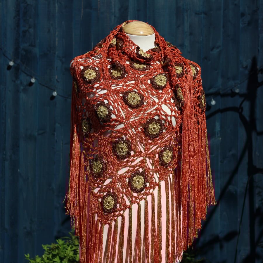 Crochet triangular shawl in sparkly gold, bronze & burnt orange - design LF433