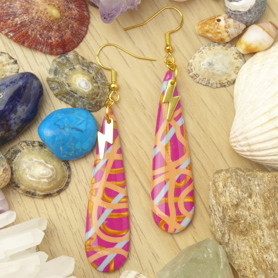 Pink, Gold, Blue, Peach Statement Earrings. Magenta Polymer Clay Earrings