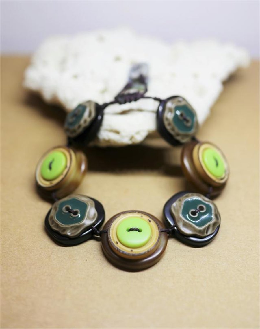 Mid-night green and apple green color theme - Vintage Button Adjustable Bracelet