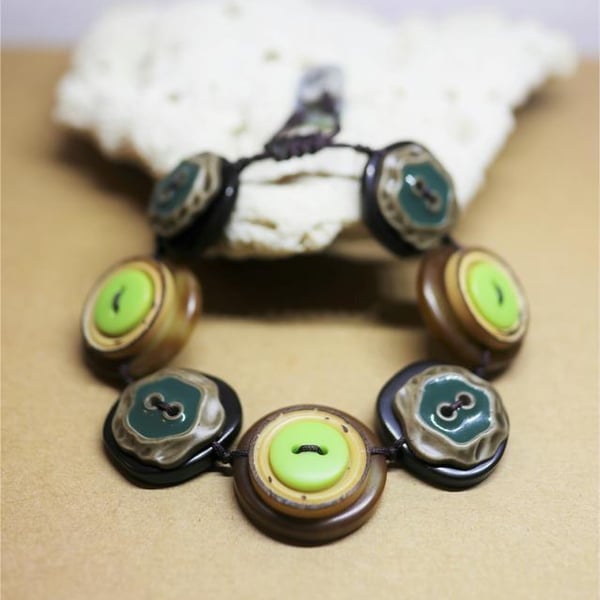 Mid-night green and apple green color theme - Vintage Button Adjustable Bracelet