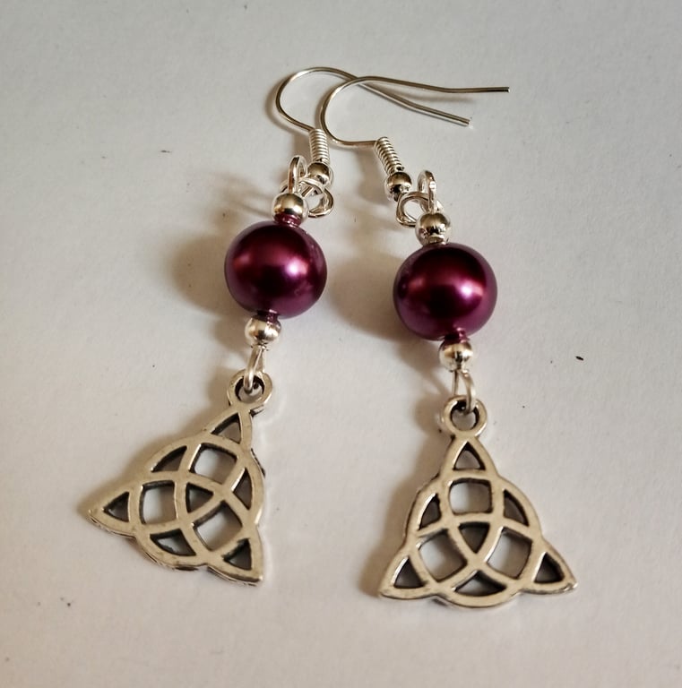 Purple Triquetra Celtic Knot Dangle Earrings