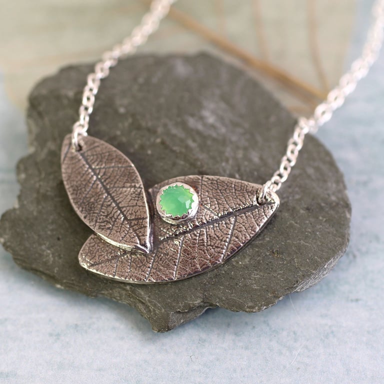 Silver Leaf Pendant with Chrysoprase Gem stone
