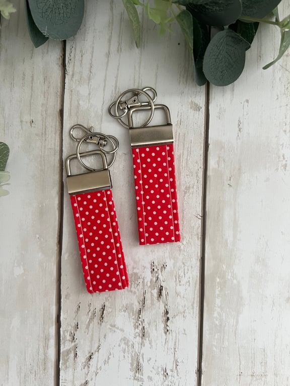 Key Fob Set in Red & White Polka Dots Fabric, Bag Strap, Key Ring