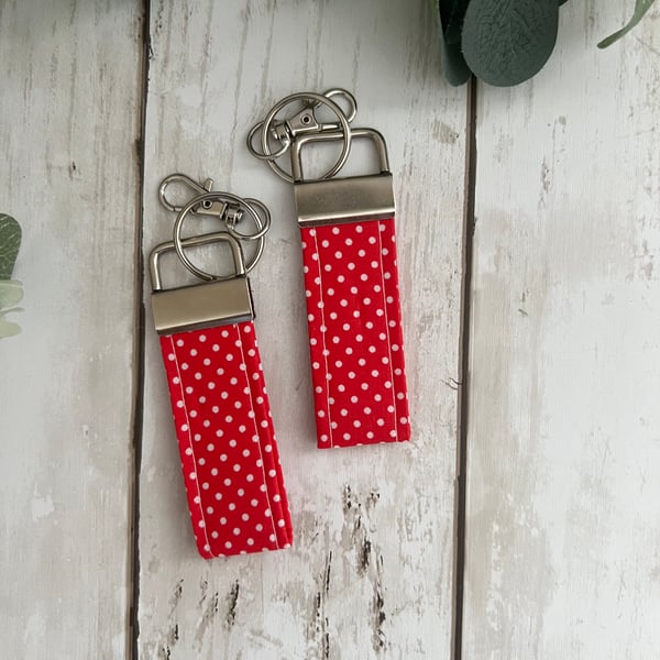 Key Fob Set in Red & White Polka Dots Fabric, Bag Strap, Key Ring