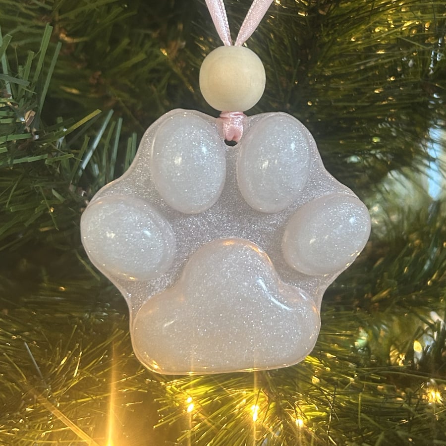Pink Resin Paw Keepsake –  Hanging Ornament with Ribbon & Personalisatio