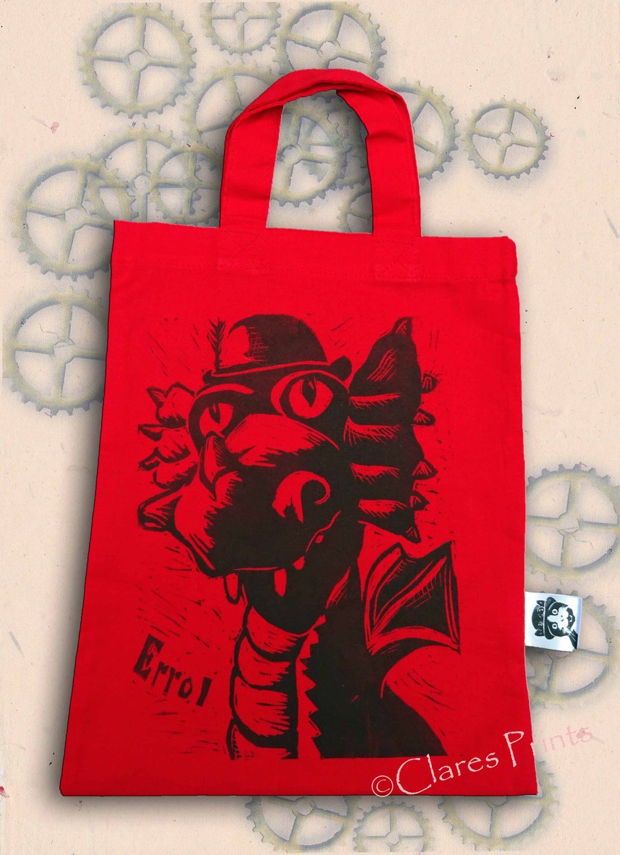 Steampunk Dragon Tote Hand Printed Red Mini Tote Shopping Bag