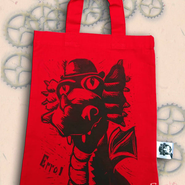 Steampunk Dragon Tote Hand Printed Red Mini Tote Shopping Bag