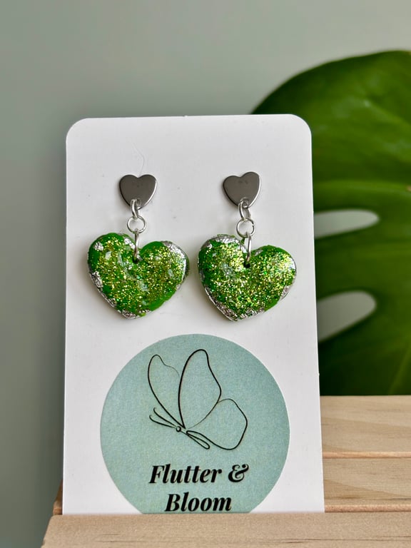 Green Glitter Heart Dangle Earrings 