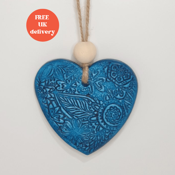 Clay blue heart hanging decoration, anniversary, gift for her 