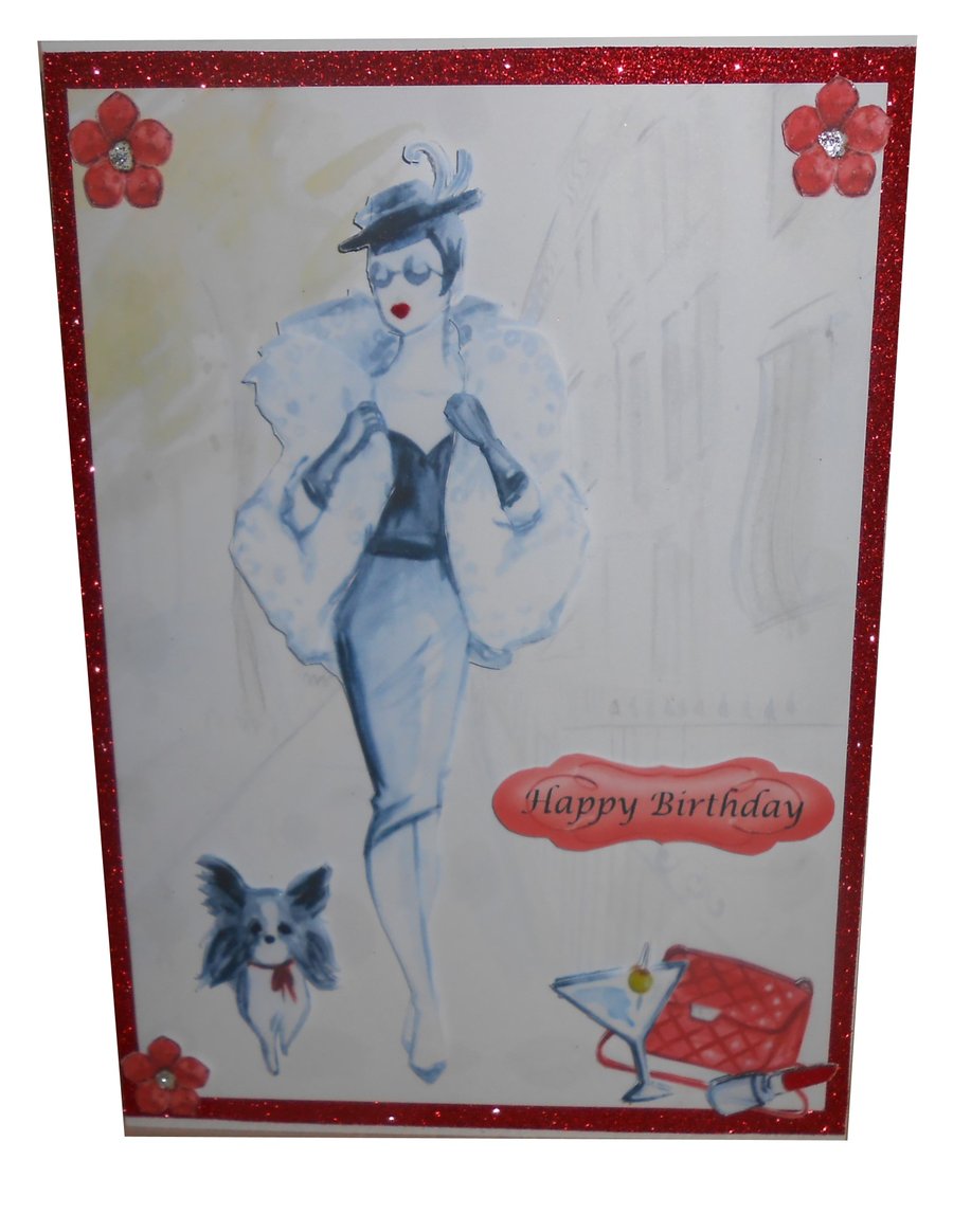 Chic Lady with dog 3D birthday card