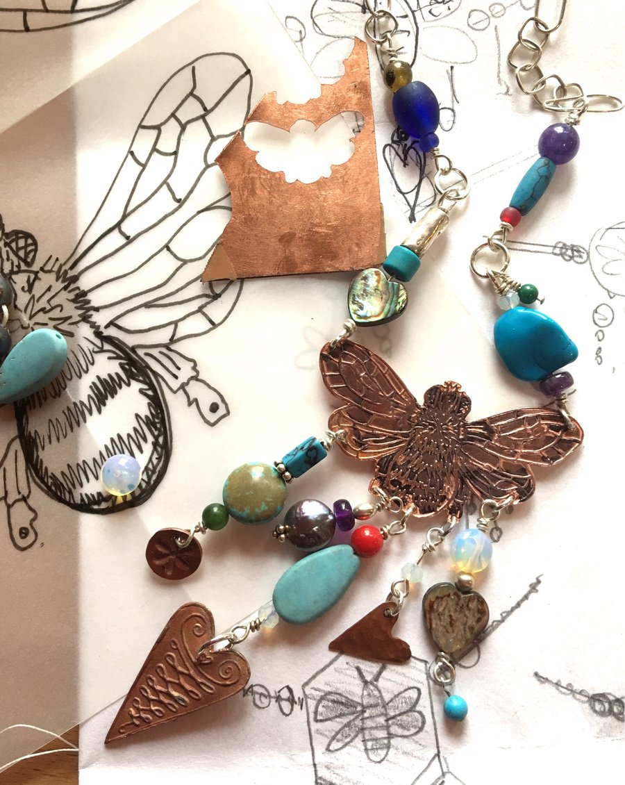Bee necklace . Necklace for a bee keeper in silver copper and semi precious gems