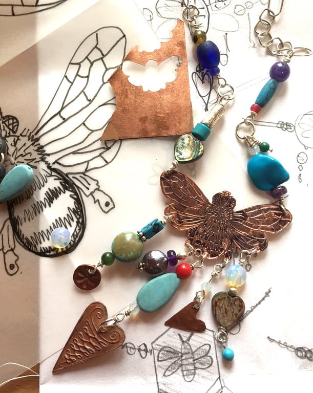 Bee necklace . Necklace for a bee keeper in silver copper and semi precious gems