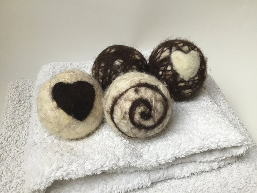 Felted wool tumble dryer balls -  hearts and swirls