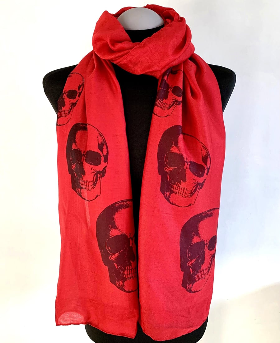 Skull Scarf Gothic Punk Fashion Accessory. Red. Lightweight