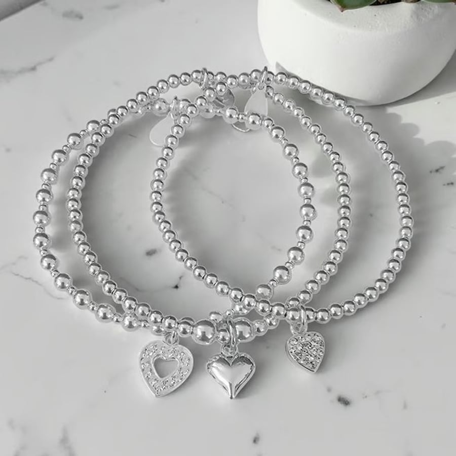 Sterling Silver Heart Charm Stretch Bracelet Set 925