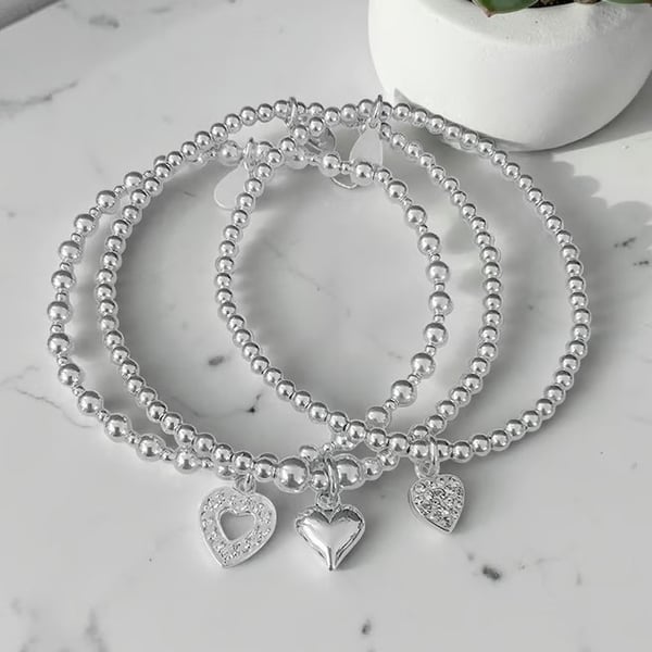 Sterling Silver Heart Charm Stretch Bracelet Set 925