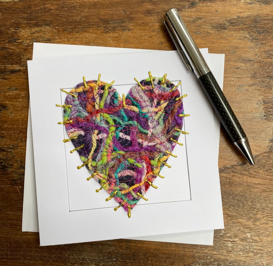 Embroidered up-cycled wool heart Art Card.