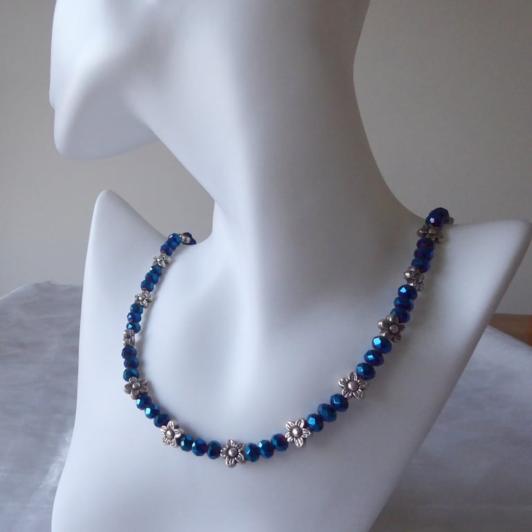 Blue Faceted Bead Necklace with Tibetan Silver flower accents