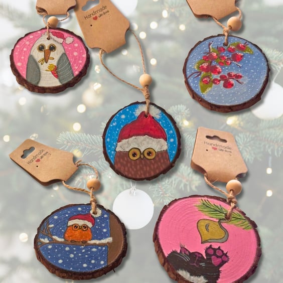 Hand Painted Natural Wood Christmas Decorations - 10 designs to choose from