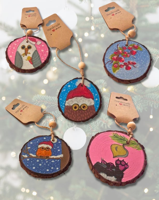 Hand Painted Natural Wood Christmas Decorations - 10 designs to choose from