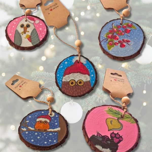 Hand Painted Natural Wood Christmas Decorations - 10 designs to choose from
