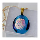 Dichroic Glass Pendant 054 Aqua Pink Glitter Handmade with gold plated chain