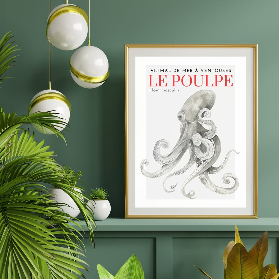 Octopus Nautical Print, Vintage Beach Decor